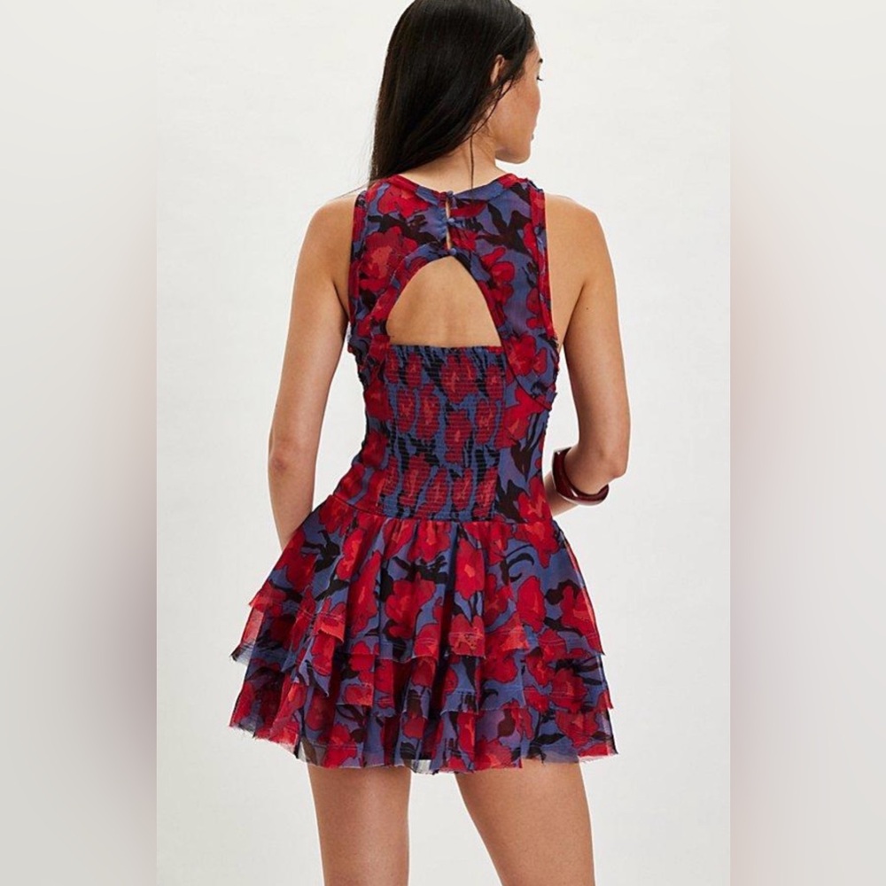 Free People Asymmetrical Dress - Vibrant Red Floral on Deep Blue